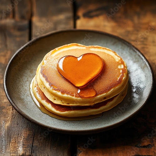 Stacked pancakes with a heart-shaped drizzle of syrup on top, presented on a rustic plate against a wooden background, perfect for food blogs, breakfast menus, or romantic meal promotions,