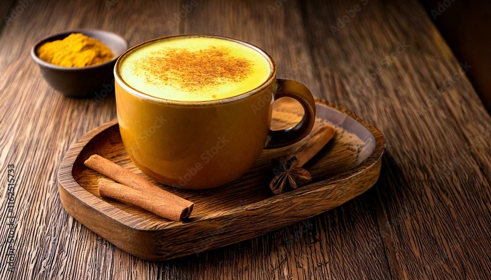 Golden Turmeric Latte- A creamy turmeric latte in a rustic ceramic mug, topped with a sprinkle of cinnamon Golden Turmeric Latte- A creamy turmeric latte in a rustic ceramic mug, topped with a sprinkle of cinnamon