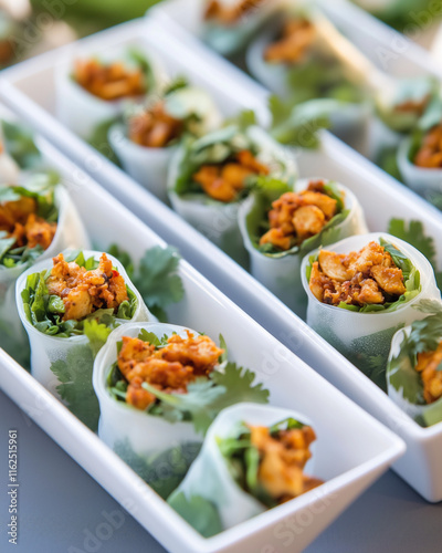 Spiced Chicken Spring Rolls in White Dishes with Coriander Garnish photo