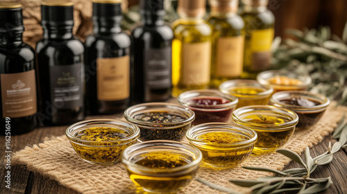 Olive Oil Tasting with Assorted Bowls and Rustic Decor photo