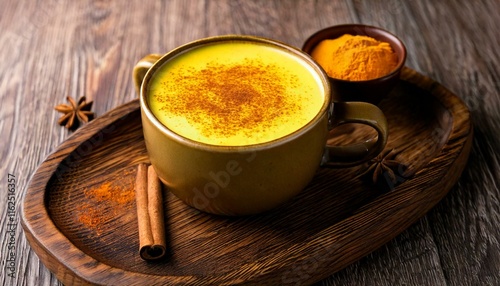 Golden Turmeric Latte- A creamy turmeric latte in a rustic ceramic mug, topped with a sprinkle of cinnamon photo