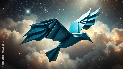 Stunning Blue Origami Bird Soaring Through the Clouds, Ai generated images photo