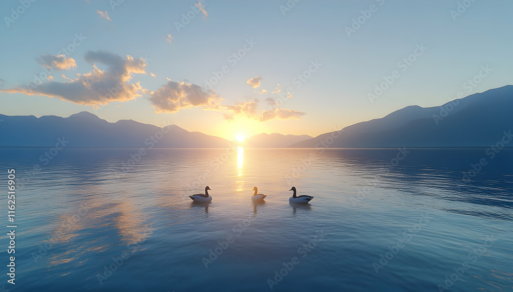 Fototapeta premium Serene sunset over a tranquil lake, three graceful geese peacefully floating on the calm water, majestic mountains in the background.