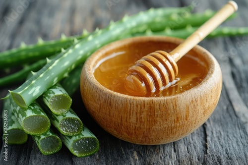 Fresh aloe vera leaves and golden honey in a wooden bowl with a honey dipper, placed on a rustic wooden surface photo