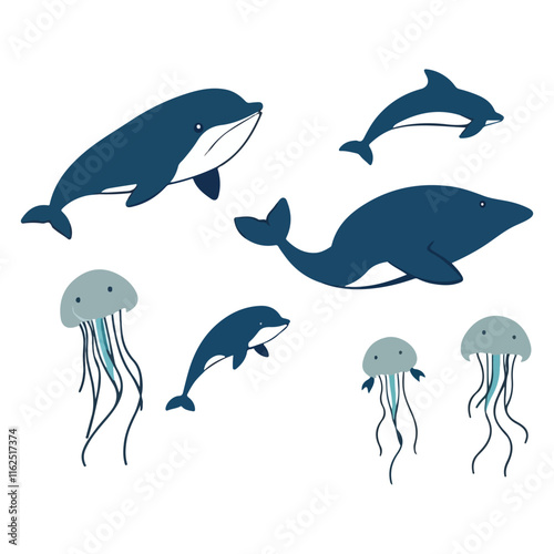 A collection of vector illustrations of sea animals, including whales, dolphins, and jellyfish, isolated on a white background