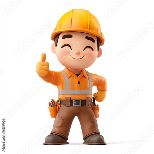 A 3D isolated cartoon character of construction worker or builder smiling on a white background

