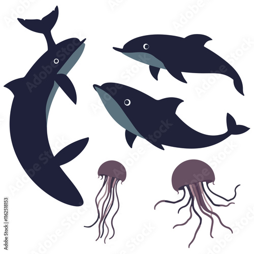 A collection of vector illustrations of sea animals, including whales, dolphins, and jellyfish, isolated on a white background