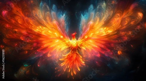 A Majestic Phoenix Rising from Ashes, Surrounded by Glowing Flames and Illuminated Colors