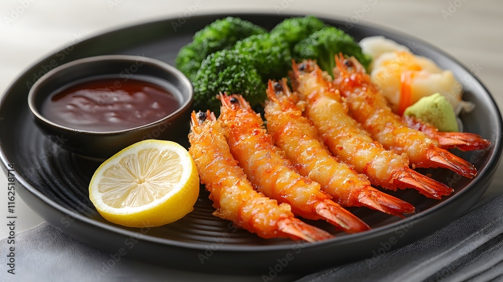 Artistic Presentation of Crispy Tempura Shrimp and Vegetables with Umami Dipping Sauce Artistic Presentation of Crispy Tempura Shrimp and Vegetables with Umami Dipping Sauce
