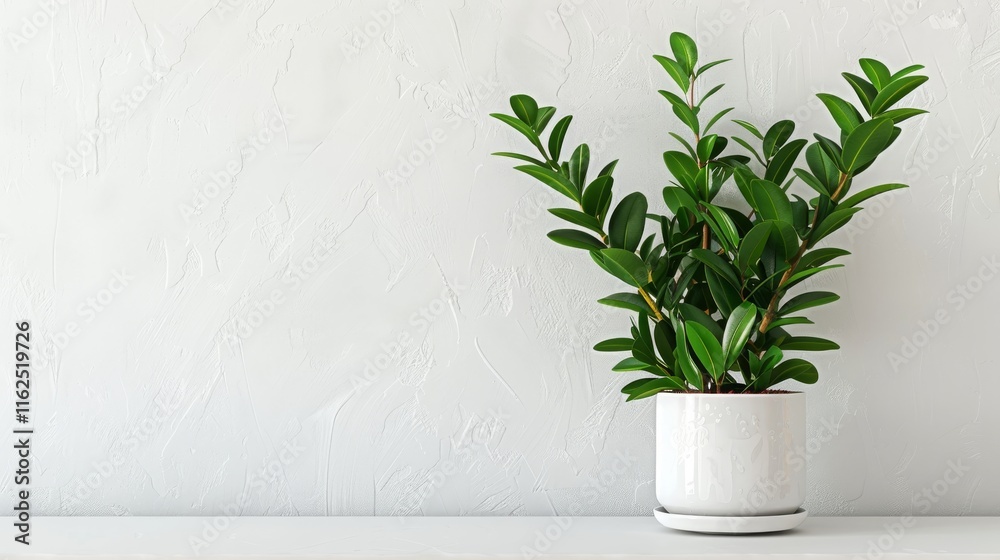 Green Plant in White Pot on White Shelf Against White Wall. Zamioculcas Zamiifolia Plant. Green Plant in White Pot on White Shelf Against White Wall. Zamioculcas Zamiifolia Plant.
