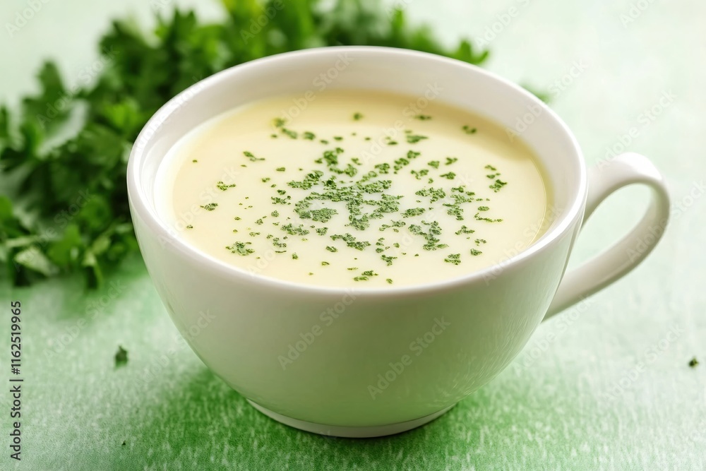 Creamy Soup with Fresh Herbs in a White Bowl on a Green Background Creamy Soup with Fresh Herbs in a White Bowl on a Green Background