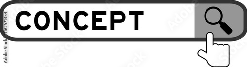 Search banner in word concept with hand over magnifier icon on white background