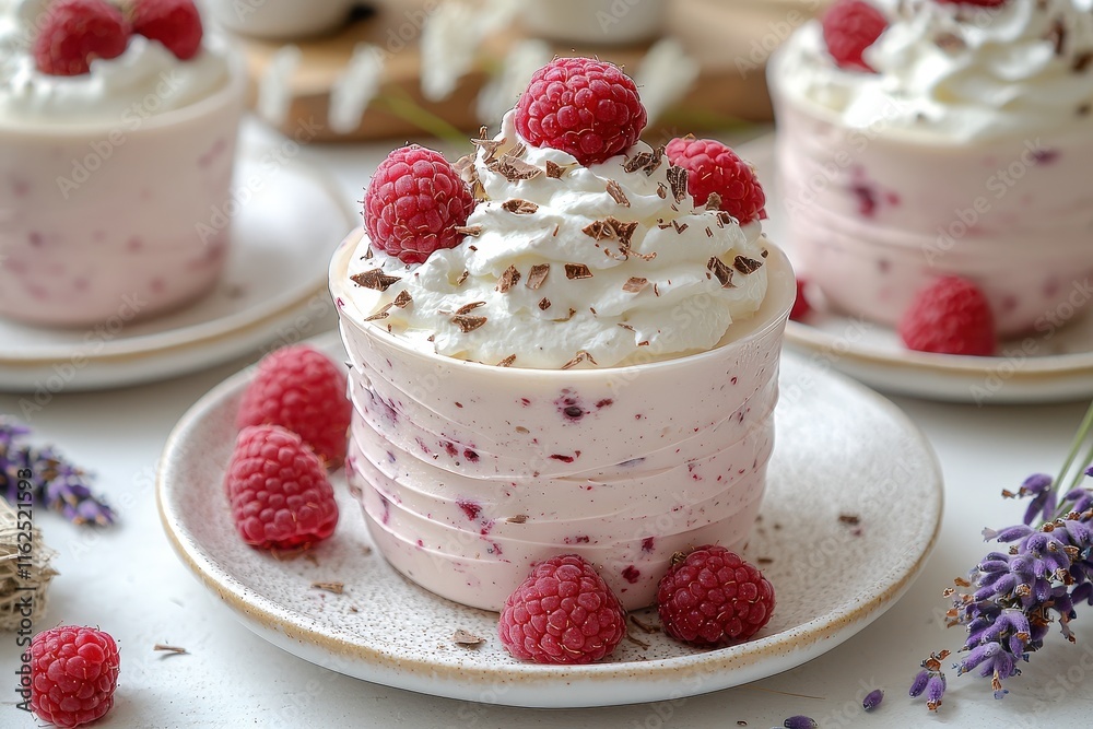 Delicious raspberry mousse cups topped with cream and chocolate shavings