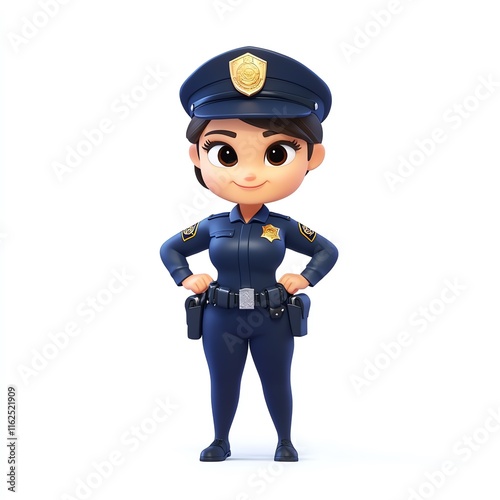 A 3D isolated cartoon character of a female police officer on a white background