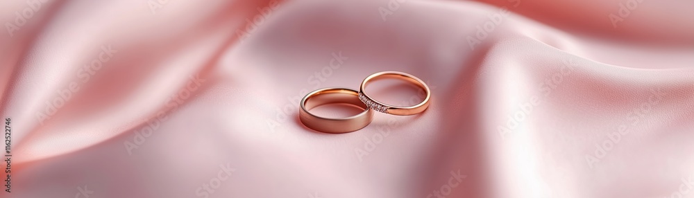 Close up pair of rose gold wedding rings on a silk cloth with soft light. Concept for Valentien gift, Engagement, Loving, Romantic, Marriage Close up pair of rose gold wedding rings on a silk cloth with soft light. Concept for Valentien gift, Engagement, Loving, Romantic, Marriage