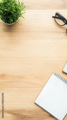 Organized Workspace: Minimalist Wooden Desk Setup with Notepad, Plant, and Glasses