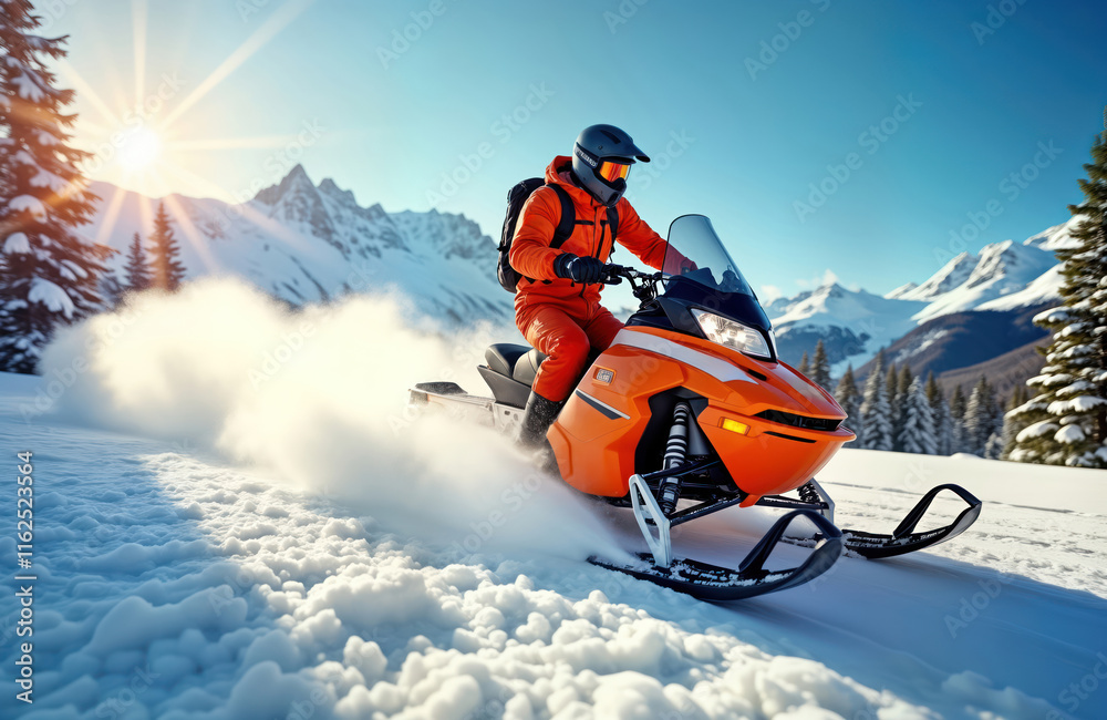 Man rides snowmobile in winter forest. Sunny day. Mountain background. Snowmobile leaves trail of snow. Action shot. Extreme winter sport. Fun adventure. Snowy landscape. Fast speed. Man rides snowmobile in winter forest. Sunny day. Mountain background. Snowmobile leaves trail of snow. Action shot. Extreme winter sport. Fun adventure. Snowy landscape. Fast speed.