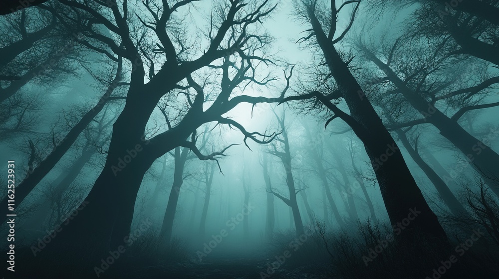 Obraz premium Enchanted Grove, ancient forest with towering gnarled trees, shrouded in mist, evoking a sense of mystery and wonder.