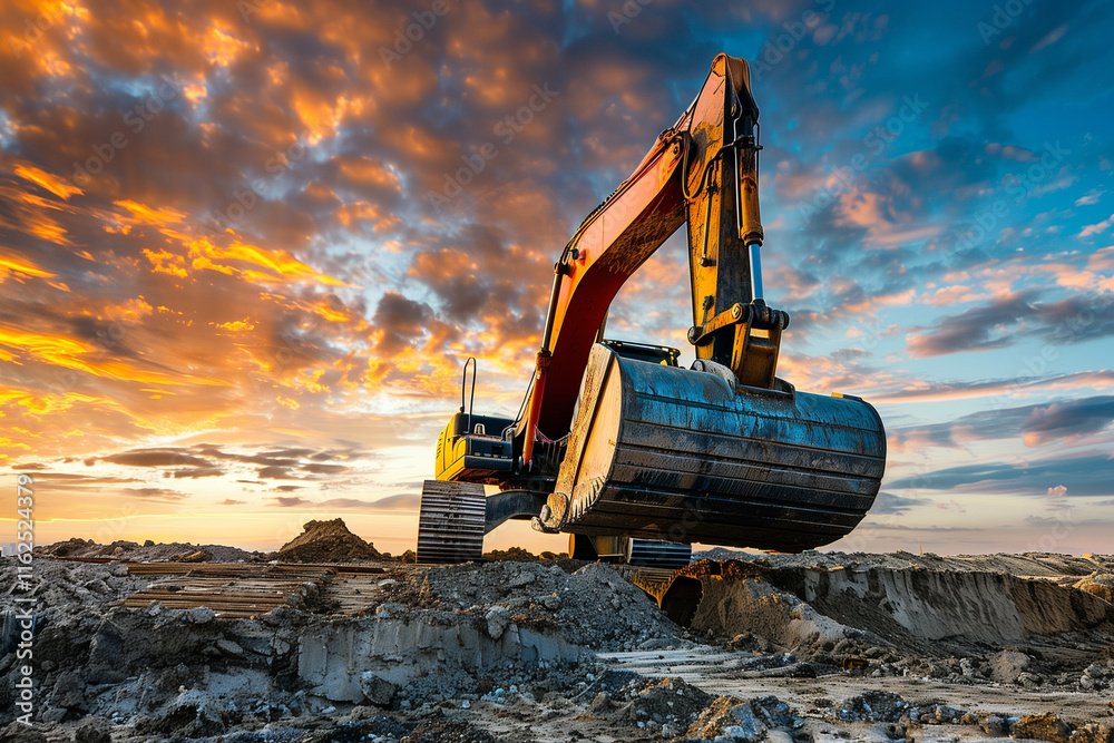 A large yellow excavator is on a construction site