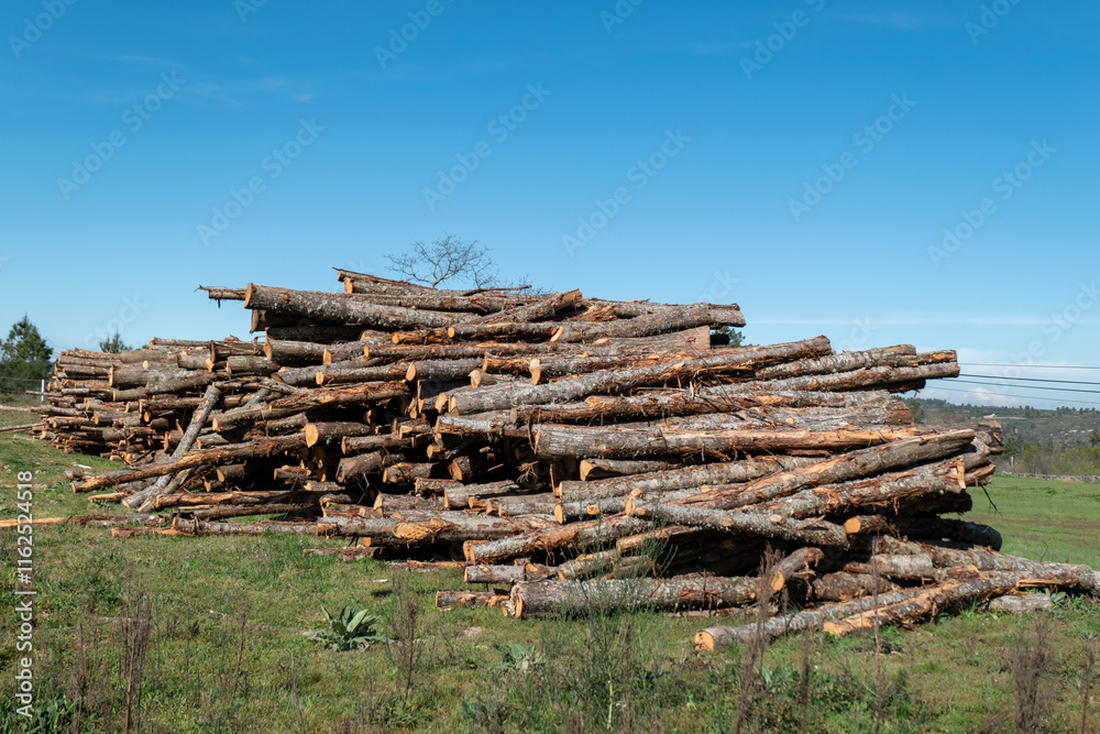 Pilha de toras de madeira para a industria da madeira num campo aberto sob um céu azul Pilha de toras de madeira para a industria da madeira num campo aberto sob um céu azul