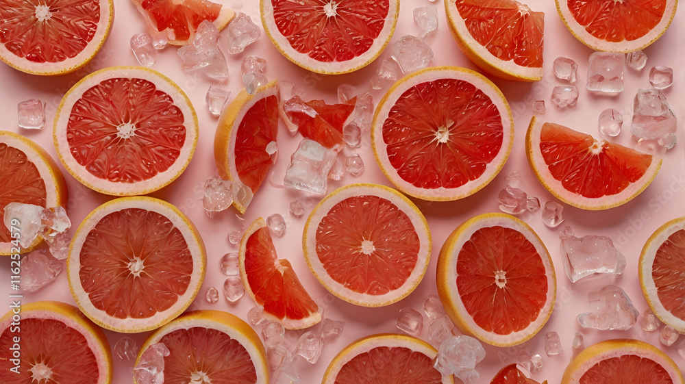 Slices of fresh grapefruit paired with ice cubes, creating a refreshing and vibrant display full of citrus charm Slices of fresh grapefruit paired with ice cubes, creating a refreshing and vibrant display full of citrus charm