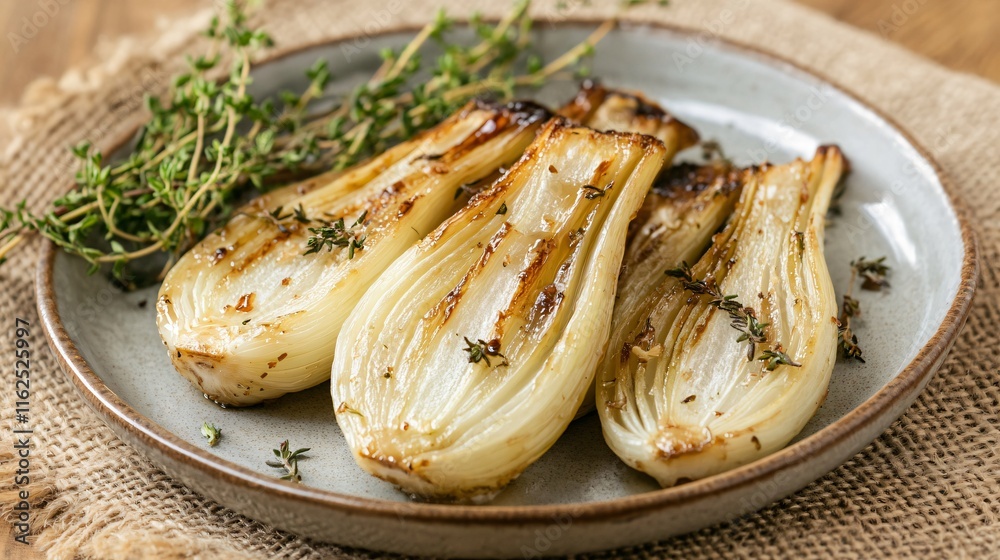 Caramelized fennel served on a ceramic plate, placed on a burlap cloth with sprigs of rosemary and thyme as decoration Caramelized fennel served on a ceramic plate, placed on a burlap cloth with sprigs of rosemary and thyme as decoration