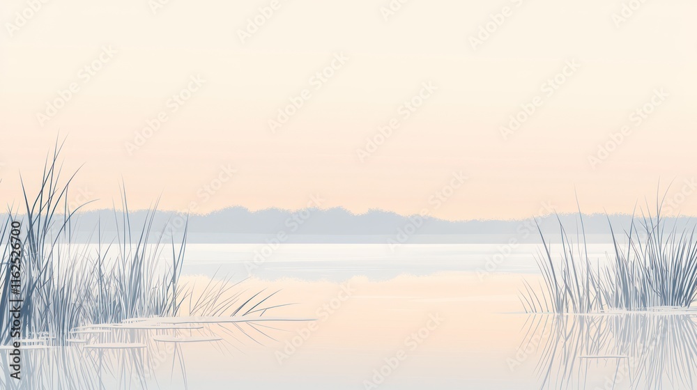 Serene Dawn Lake Scene With Reeds Reflecting Serene Dawn Lake Scene With Reeds Reflecting