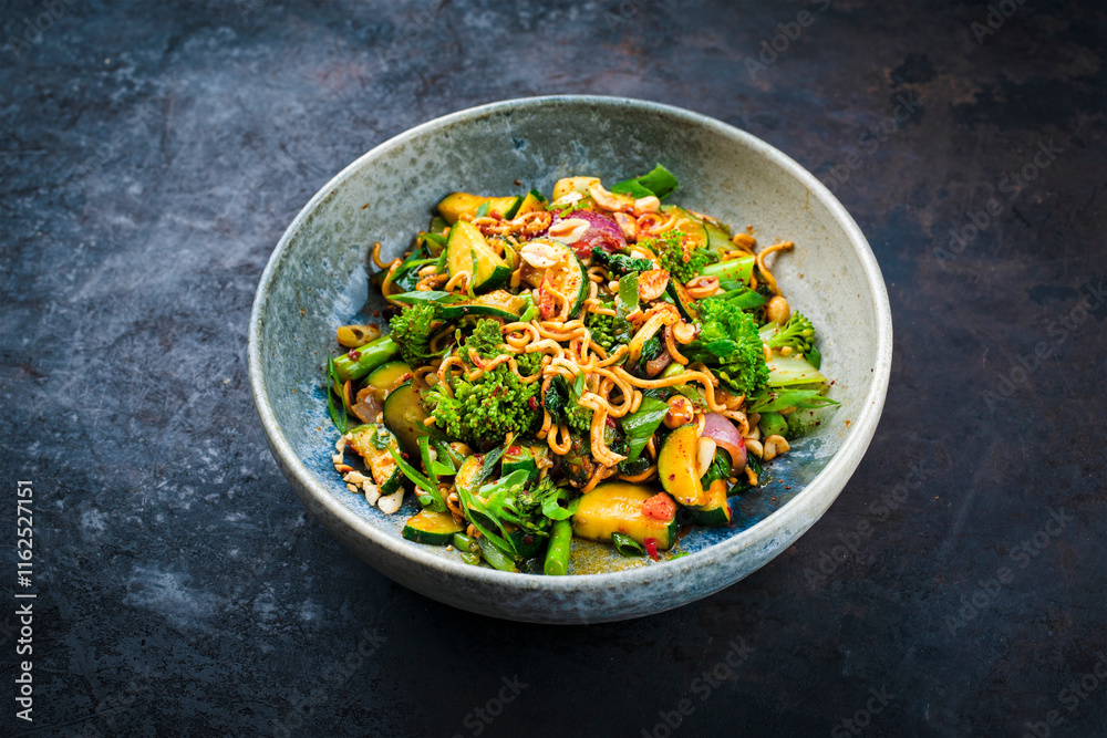 Authentical Thai mie goreng spicy stir-fried noodles with chicken and vegetables served as close-up in a Nordic design bowl Authentical Thai mie goreng spicy stir-fried noodles with chicken and vegetables served as close-up in a Nordic design bowl