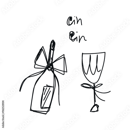 Hand-drawn chalk icon: retro and vintage wedding elements – festive bottle with bow and glass. Doodle-style vector illustration with playful, handwritten design
