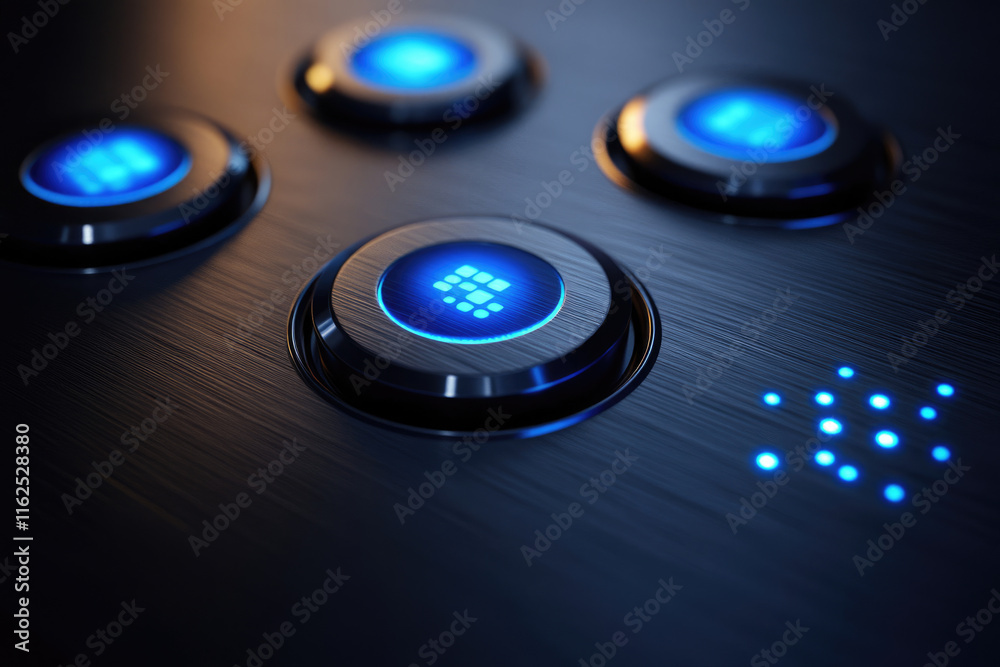 Glowing blue buttons on a dark metallic surface represent digital technology, innovation, and futuristic interfaces. Glowing blue buttons on a dark metallic surface represent digital technology, innovation, and futuristic interfaces.