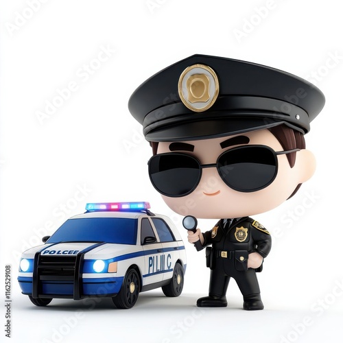 A cartoon police officer stands beside a police car, symbolizing law enforcement.