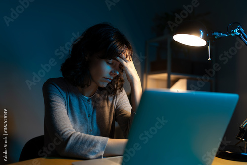 Tired woman working late at night using laptop at home office having headache.
