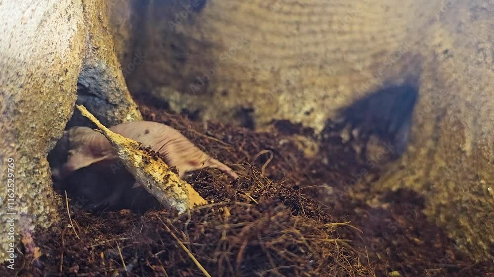 Close up of naked mole-rat digging around a burrow in the borrow. Close up of naked mole-rat digging around a burrow in the borrow.