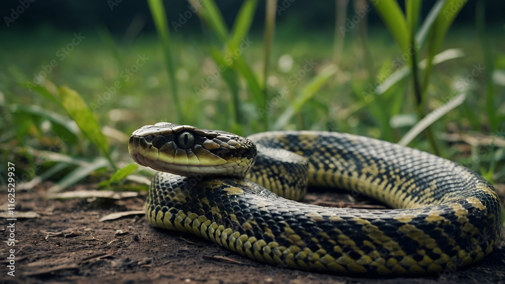 Close-up of a Venomous Snake in Nature – Green Viper with Scales and Tongue in Wild Habitat Close-up of a Venomous Snake in Nature – Green Viper with Scales and Tongue in Wild Habitat