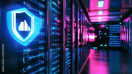 A futuristic view of a data center illuminated by vibrant neon lights, showcasing rows of servers with a glowing shield icon symbolizing advanced cybersecurity and data protection. The high-tech photo