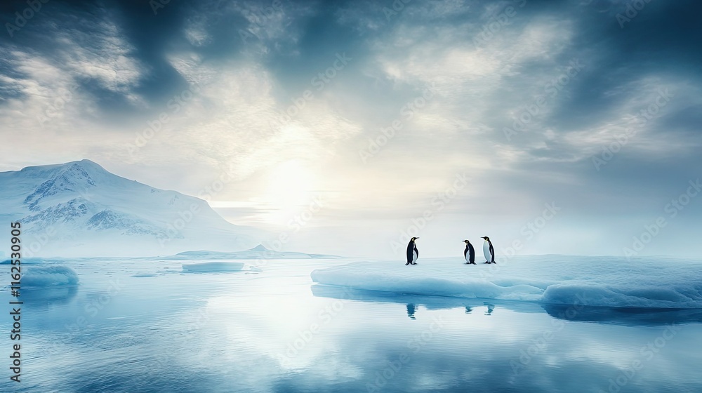Fototapeta premium Polar Ocean Serenity, penguins on ice floes, tranquil atmosphere, vast icy landscape, peaceful wildlife scene, winter wonderland