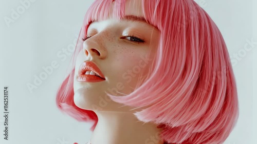 close up pink hair woman face portrait against white background  photo