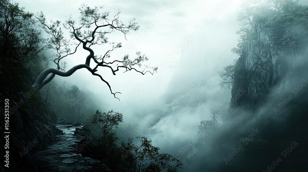 Misty Forest Mountain Trail, winding path through dense trees, leading to an ethereal horizon shrouded in soft mist, inviting adventure and exploration Misty Forest Mountain Trail, winding path through dense trees, leading to an ethereal horizon shrouded in soft mist, inviting adventure and exploration