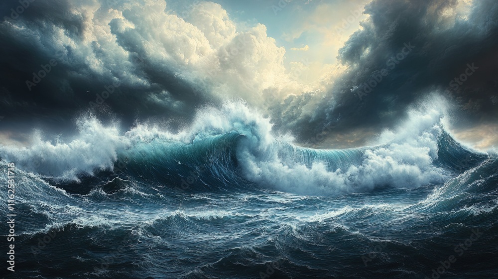 Tempestuous Ocean Fury, turbulent waves collide fiercely, ominous clouds loom overhead, nature's raw power on full display