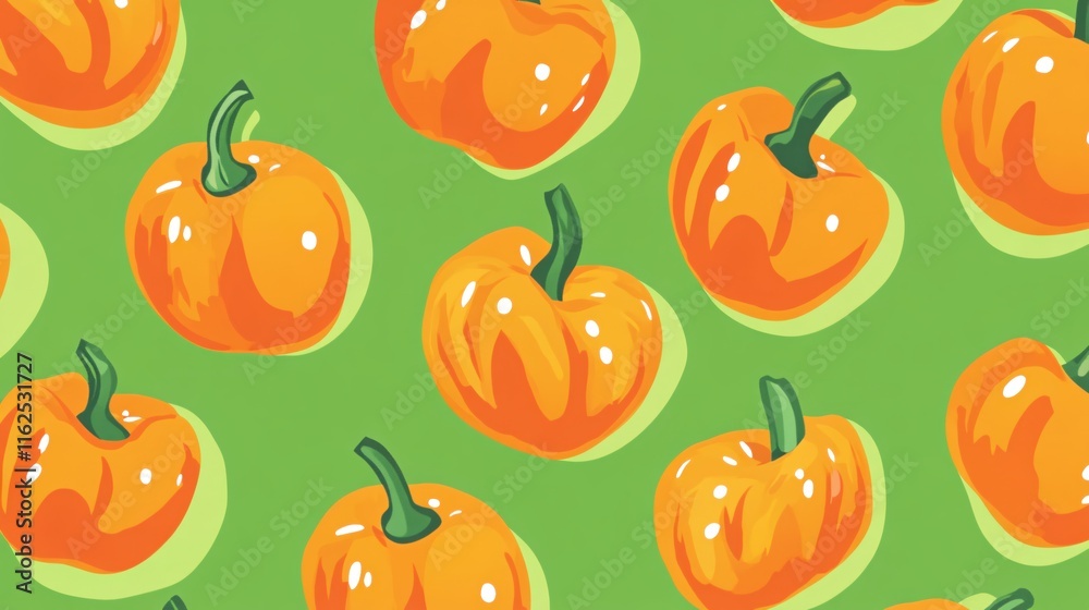 Vibrant Orange Bell Peppers Pattern on Bright Green Background for Fresh Designs Vibrant Orange Bell Peppers Pattern on Bright Green Background for Fresh Designs