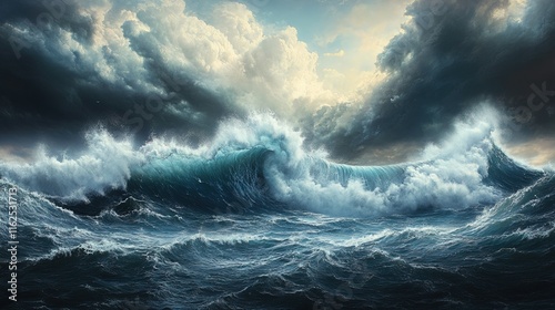 Obraz na płótnie Tempestuous Ocean Fury, turbulent waves collide fiercely, ominous clouds loom overhead, nature's raw power on full display w salonie