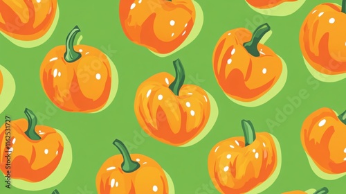 Vibrant Orange Bell Peppers Pattern on Bright Green Background for Fresh Designs