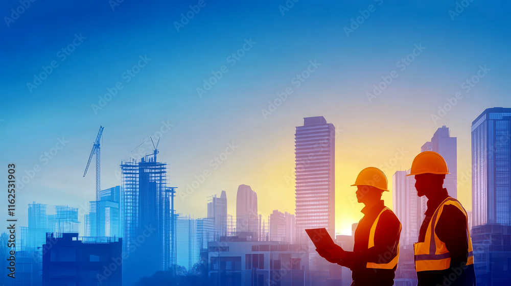 Workers in construction helmets discussing project for safety and health day in urban cityscape at sunrise. Day for Safety and Health at Work. Flat illustration. Horizontal banner. Copy space Workers in construction helmets discussing project for safety and health day in urban cityscape at sunrise. Day for Safety and Health at Work. Flat illustration. Horizontal banner. Copy space
