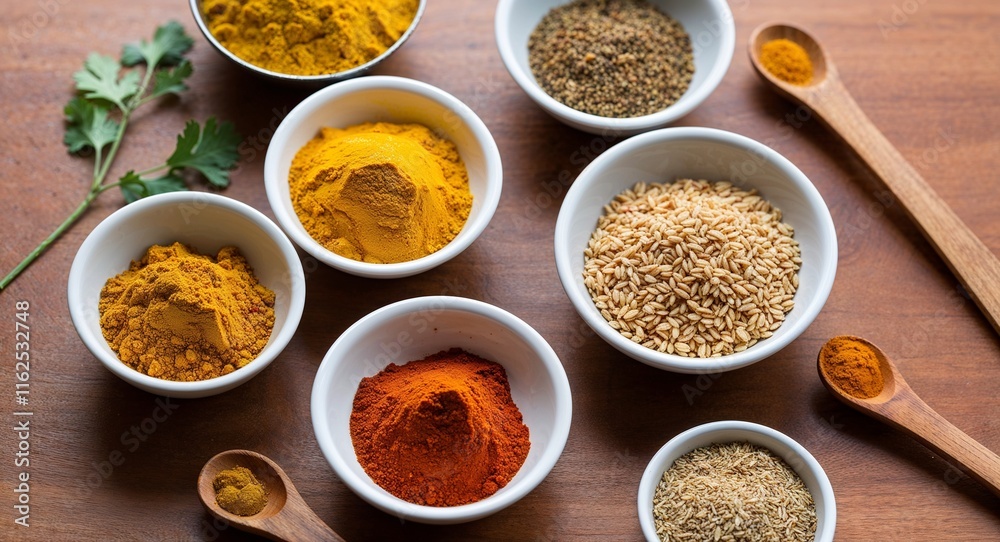 Aromatic spices like turmeric and cumin in small bowls ready for cooking Aromatic spices like turmeric and cumin in small bowls ready for cooking