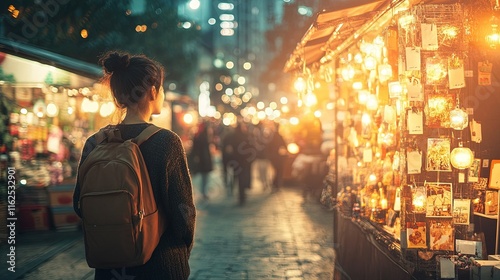 Festive Market Exploration, Young woman immersed in vibrant street market, selecting unique artisanal gifts amidst bright lights and cheerful ambiance photo