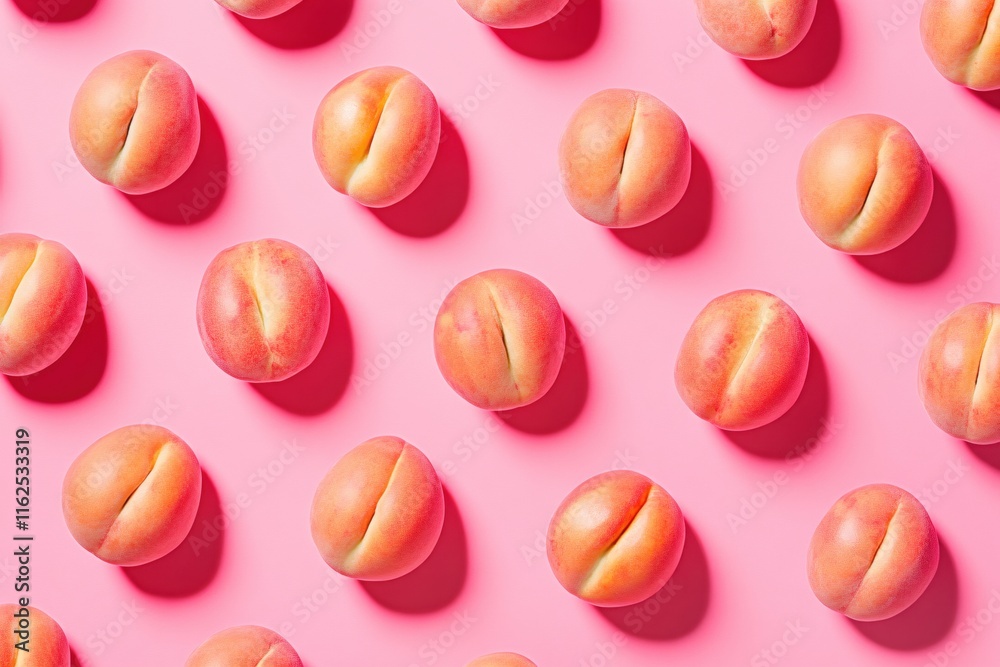 Fresh and Juicy Peaches on Pink Background in Even Spacing Arrangement Fresh and Juicy Peaches on Pink Background in Even Spacing Arrangement