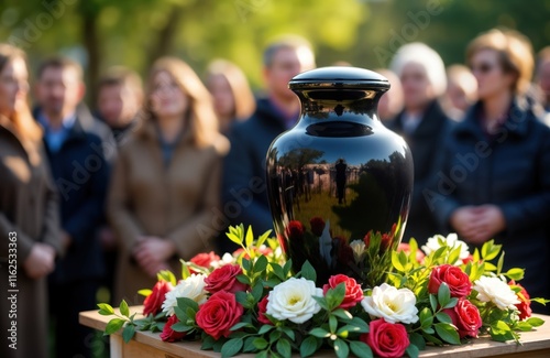 Mourners gather around black urn at solemn funeral ceremony. Floral arrangements surround container of ashes. People wear somber clothing. Scene shows grief, remembrance. Family members, friends photo