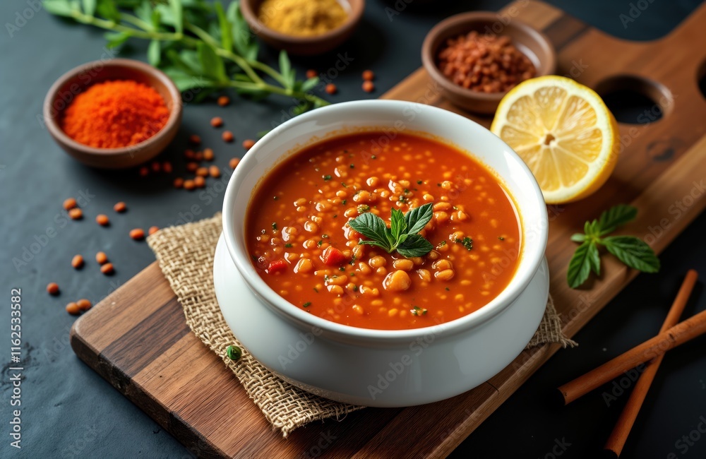 Traditional Turkish red lentil soup in white bowl. Fresh herbs, spices visible. Delicious, healthy meal presented on rustic wooden board. Enjoy warm, flavorful soup. Perfect for lunch dinner. Enjoy Traditional Turkish red lentil soup in white bowl. Fresh herbs, spices visible. Delicious, healthy meal presented on rustic wooden board. Enjoy warm, flavorful soup. Perfect for lunch dinner. Enjoy