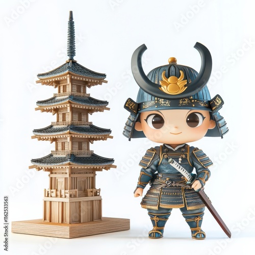 A cute samurai figure stands beside a traditional pagoda model. photo