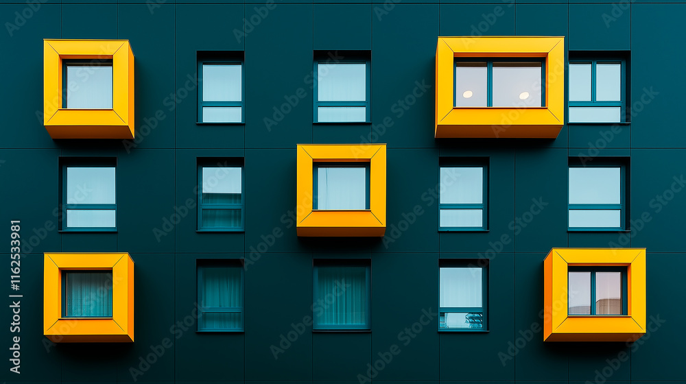 Colorful apartment building facade with many windows and balconies.